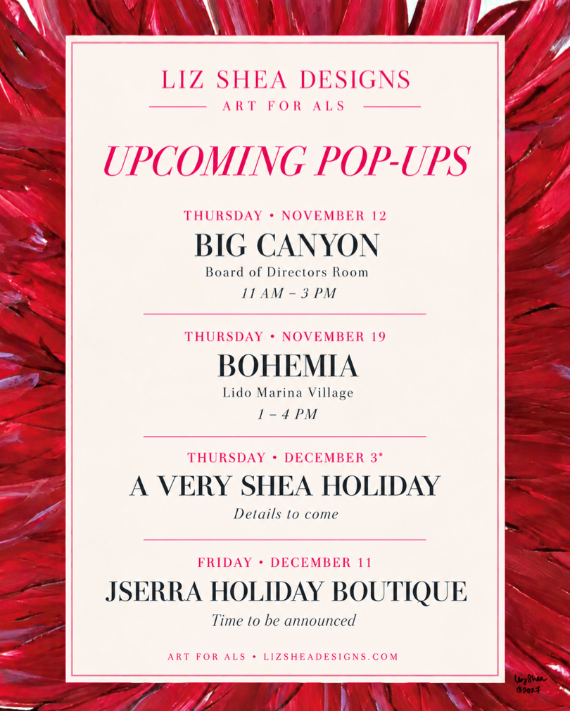 Liz Shea Designs 2026 holiday pop-up events at Big Canyon, Bohemia, Shea House and JSerra.